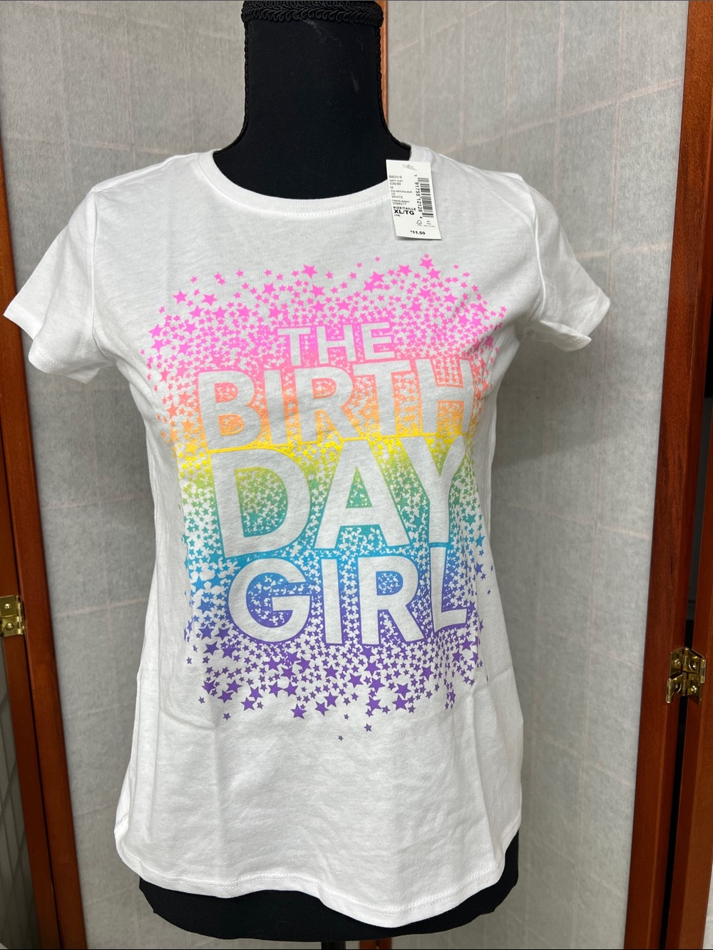 George White Tee with Neon Rainbow Star Graphic